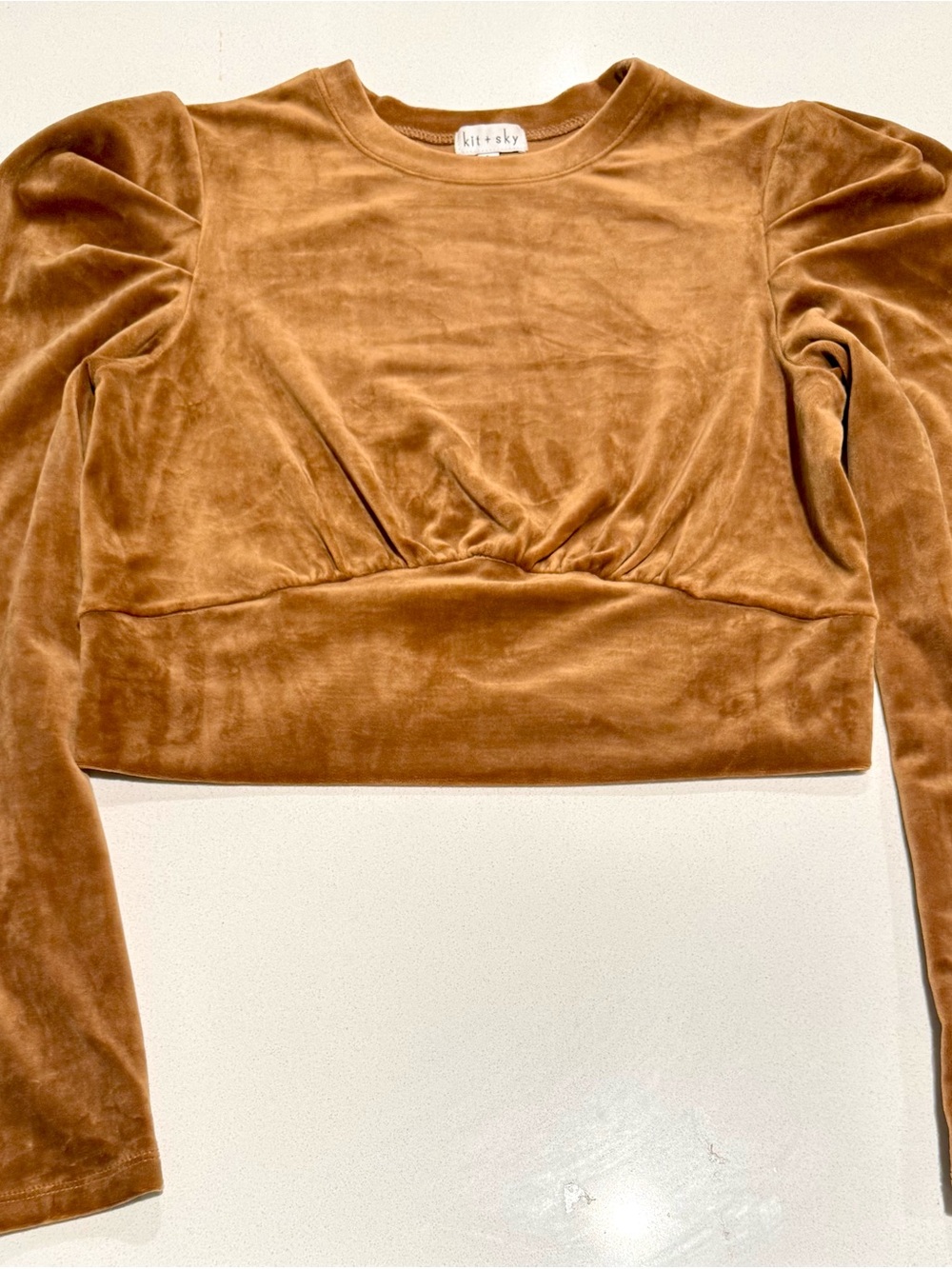 Kitschy Velvet Puff-Sleeve Cropped Top in Camel Brown